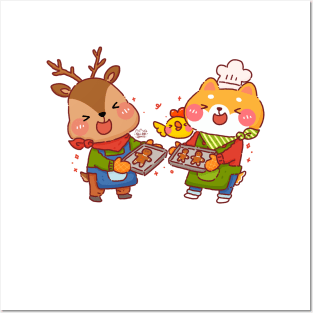 Shiba Inu and Reindeer Baking Gingerbread Posters and Art